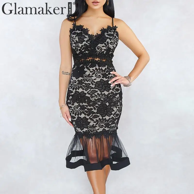 Женское прозрачное кружевное платье миди Glamaker летнее прямое с v образным вырезом