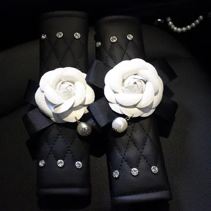 2pcs Seat belts set Цветок камелии автомобильный чехол на руль шеи подушки подголовника поясная Поддержка авто солнцезащитный козырек Сумочка для салфеток коробка ремень безопасности аксессуары - Название цвета: 2pcs Seat belts set