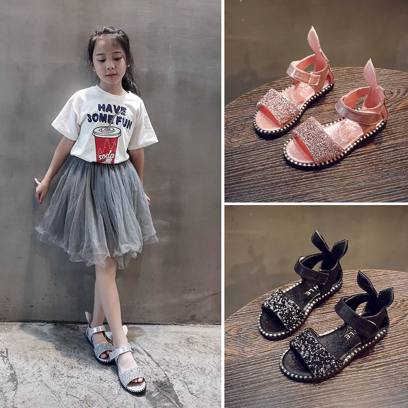 2019 new summer children's shoes sequins soft bottom princess baby girls sandals kids flats Kids Cartoon Sandals | Детская одежда и