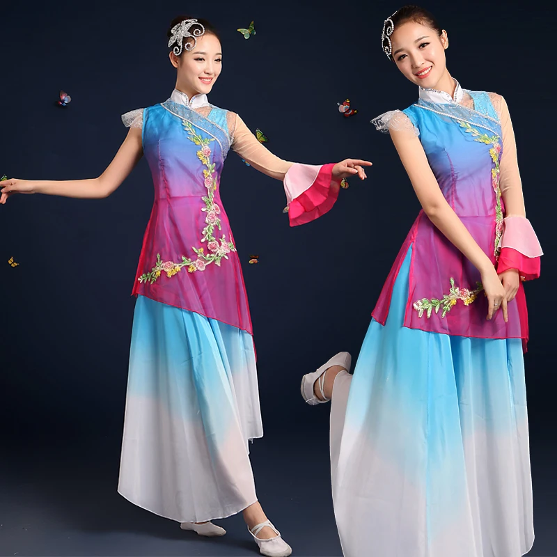 2018 new female fan dance classical dance costume folk costumes dance umbrella dance stage summer dress