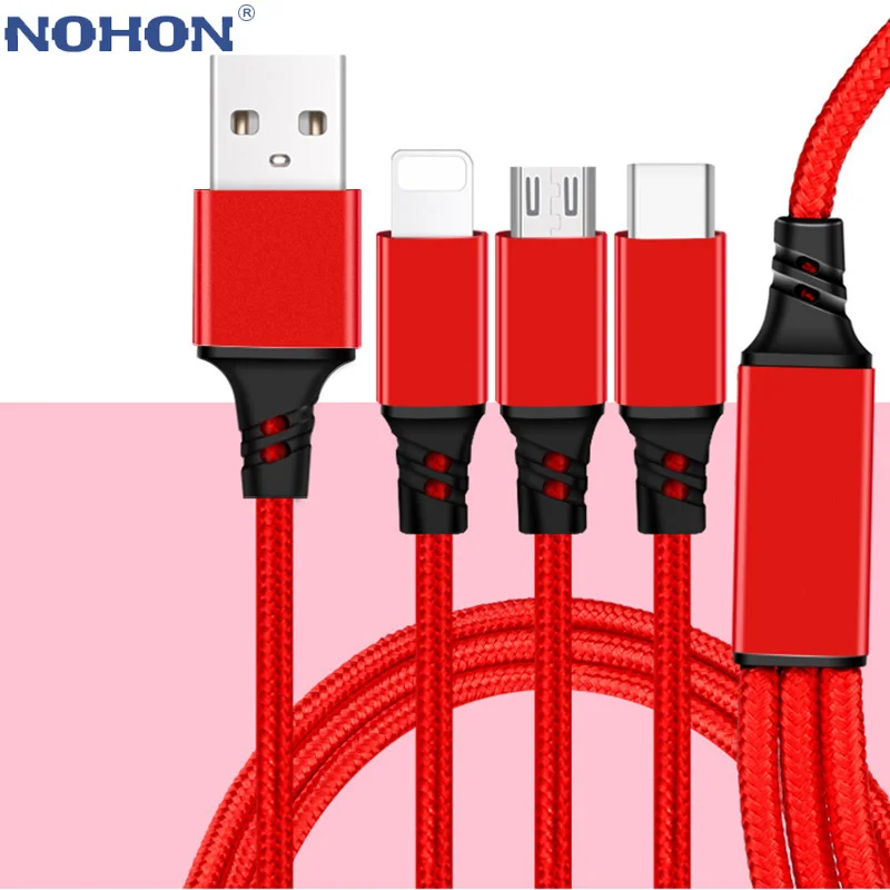 Зарядный кабель 2/3 в 1 для iPhone 6 S 5 5S SE 7 8 Plus X XR XS Max Micro USB Microusb Type C Huawei Xiaomi 3 провод