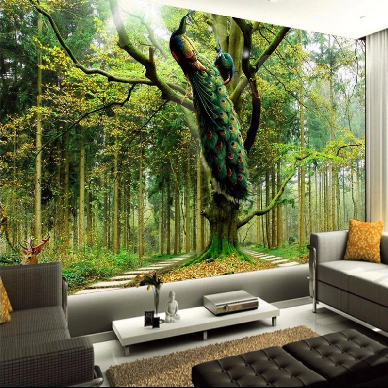 

beibehang TV backdrops wallpaper for living room Peacock tree deer bedroom Hotel wall mural murals-3d wall paper home decor