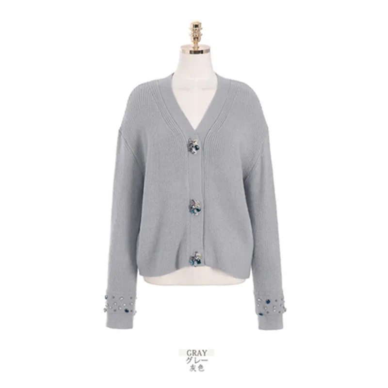 High Quality Diamond-studded V-Neck Ladies Cardigan Autumn Winter Knitted Sweater Women Short Cropped Tops |