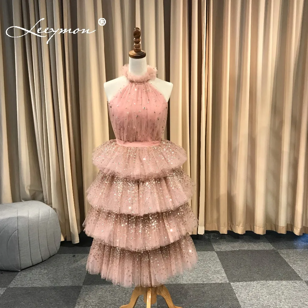 Розовый блеск Halter платья без рукавов Пром платья Robe De Soiree торжественное платье длинное платье Многоуровневое платье молния Назад