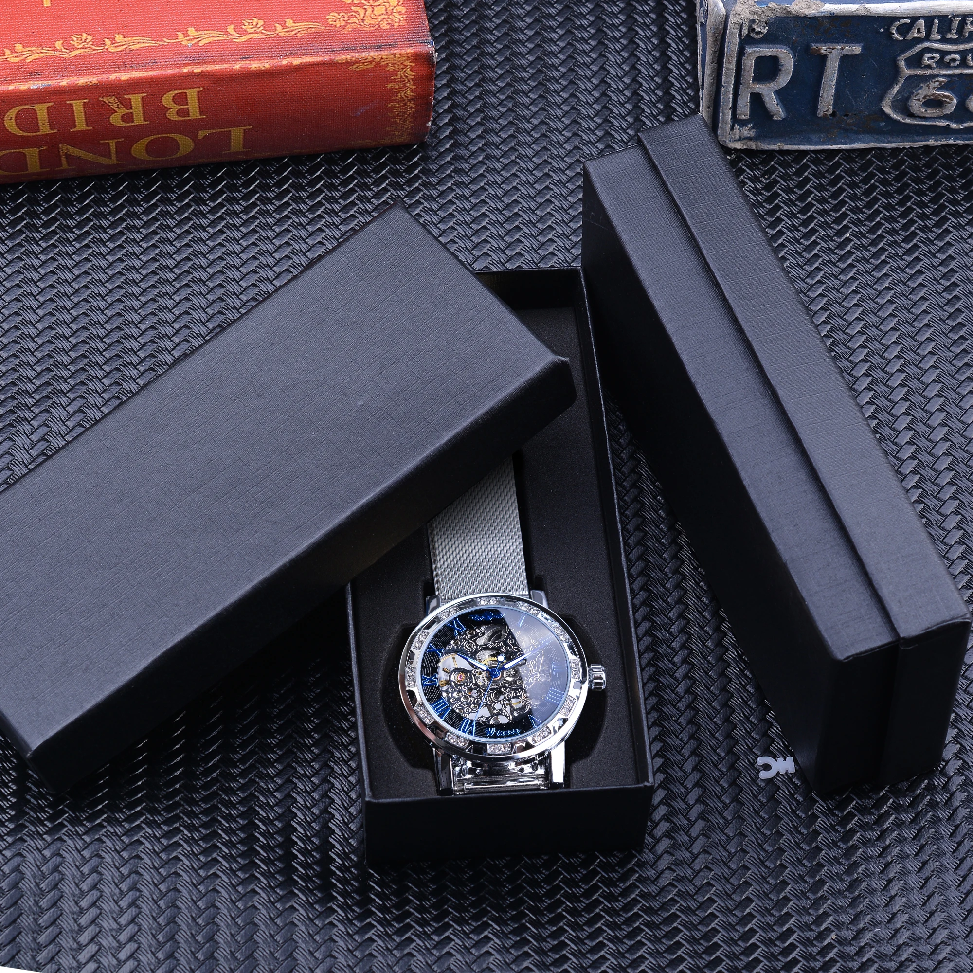 

Winner Classic Blue Mechanical Mens Watch Rhinestone Roman Hand Wind Metal Slim Mesh Steel Strap High Quality Relogio Masculino