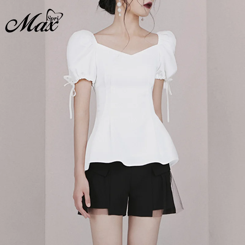 

Max Spri 2019 New Women Casual Two 2 Piece Sets Solid White Puff Short Sleeves Lace-Up Crop Top Black Mesh Lace Shorts