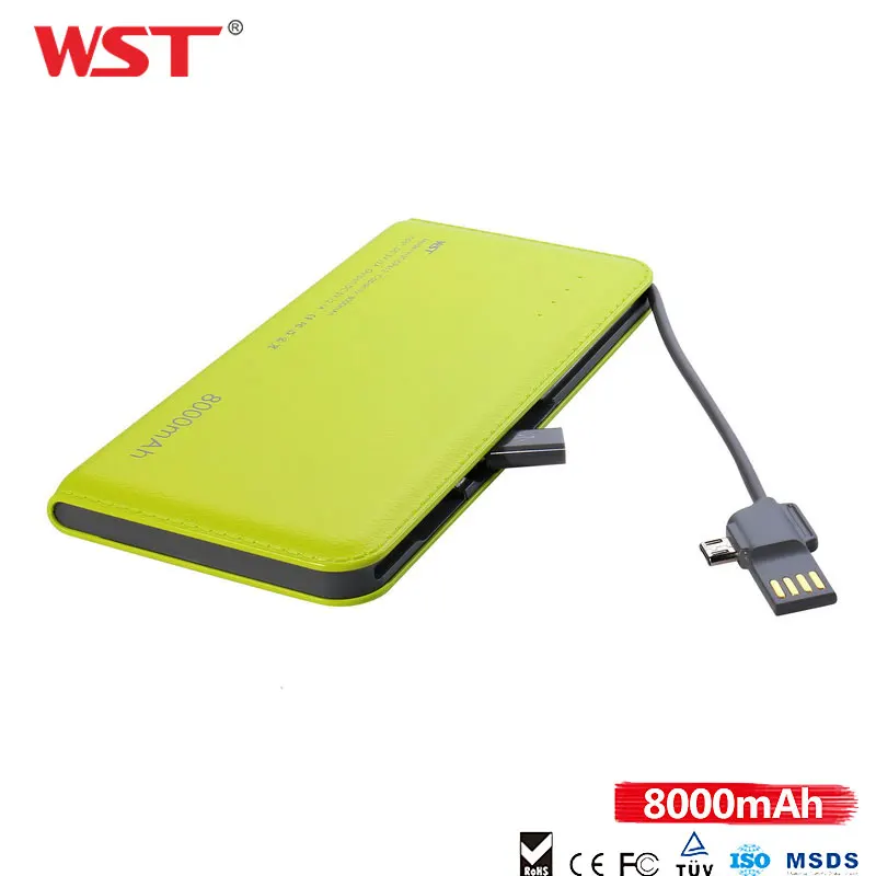 

WST Quick Charge PowerBank 8000mAh Ultra Thin External Portable Battery With Built in Cable For IOS Android Caricatore Portatile