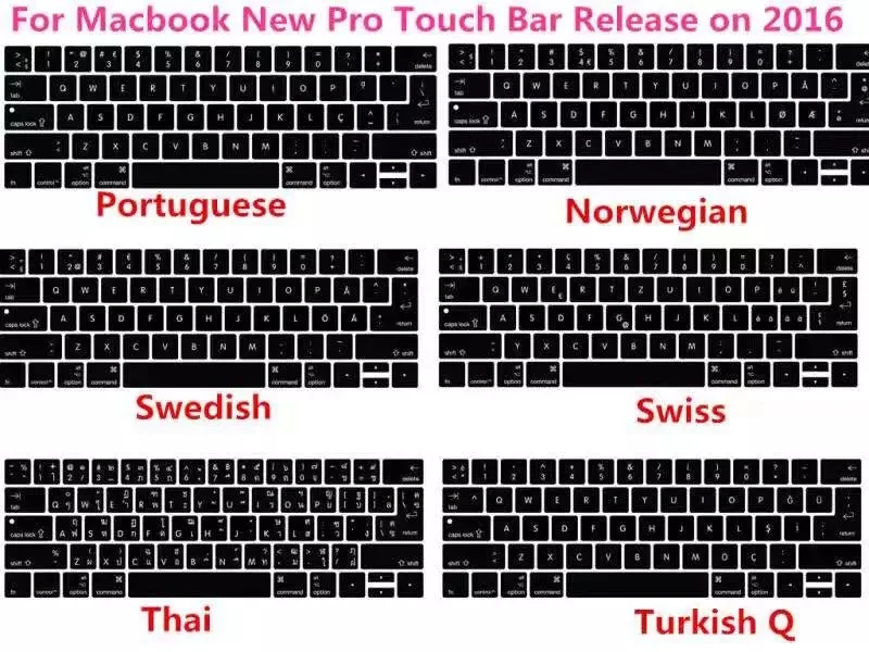 

For Macbook 2016 New Pro 13" A1706 15" A1707 With Touch Bar US/EU Silicone Turkish Swedish French Hebrew Keyboard Cover Skin