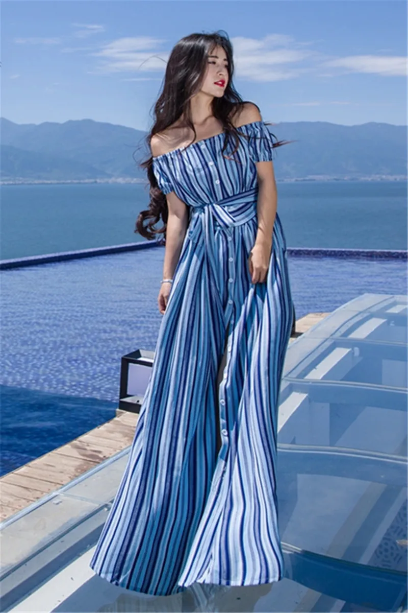 2017 женские летние тонкая талия синий платье в полоску без бретелек воротник