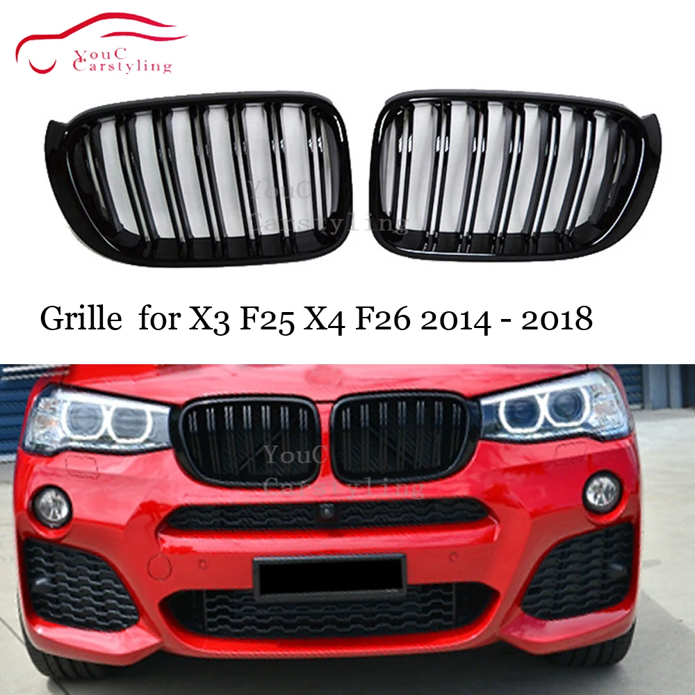 Dual Slat ABS Carbon Fiber Front Kidney Grills Mesh for BMW X3 F25 X4 F26 2014 - 2018 Gloss Black M Color Bumper Racing Grille