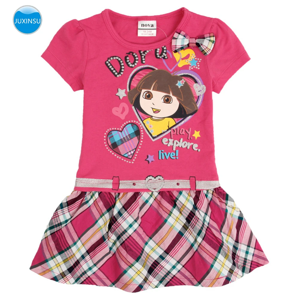 JUXINSU Summer Baby Girls Short Sleeve Dresses Cartoon Print Plaid Dress for 1-6 Years | Детская одежда и обувь