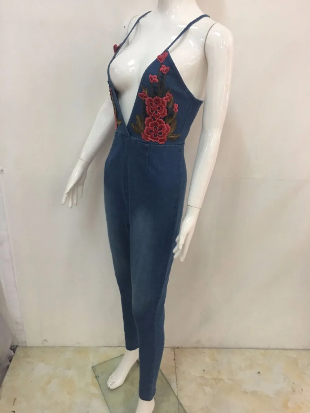 Пикантные женские джинсовые без рукавов с v-образным вырезом Slim Fit Клубная одежда