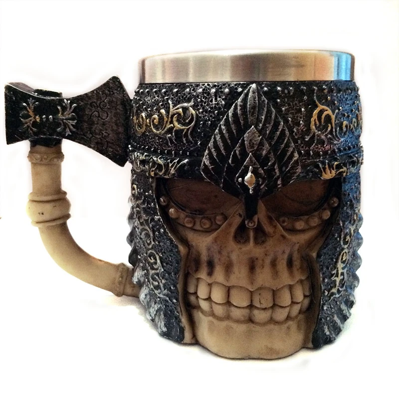 3D кружка из нержавеющей стали топор Череп рыцарь рукоятка смола Викинг воин