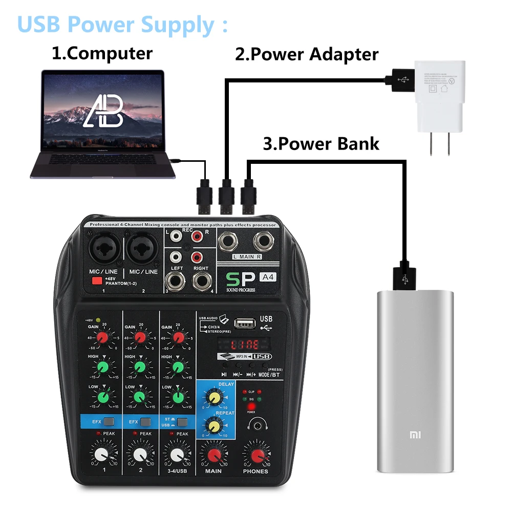 A4 4 канала аудио микшер звук микшерный пульт с Bluetooth USB Запись 48 В Phantom power Monitor Пути Плюс эффекты использования