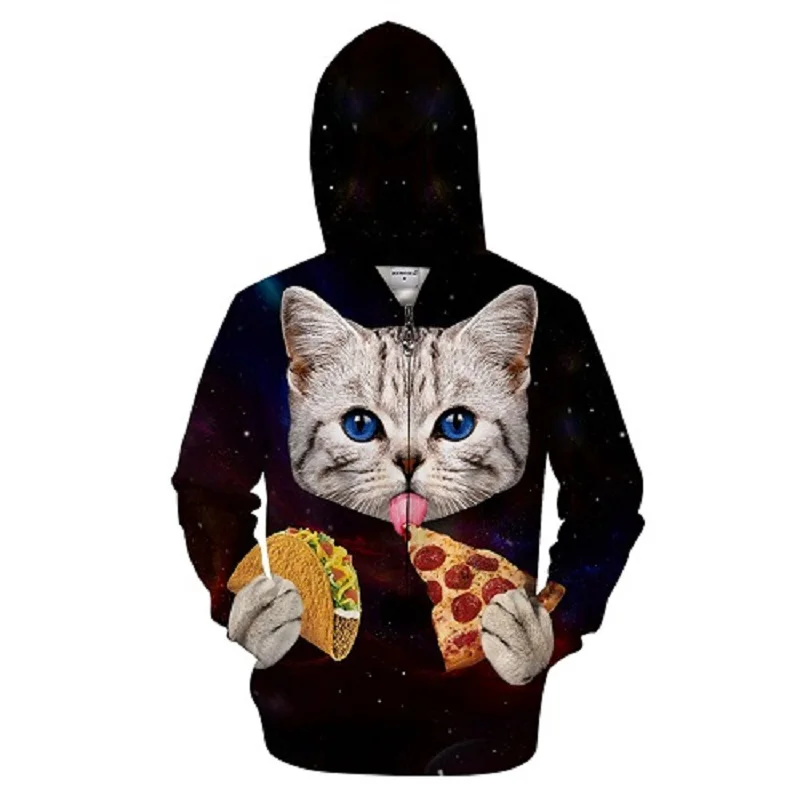 Популярные худи на молнии с кошкой и пиццей мужские женские толстовки забавная