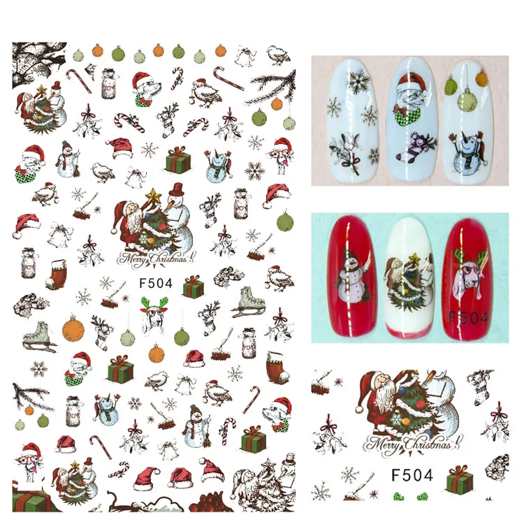 F504 Рождественские стикеры 3D на ногти Nail Art Обертывания супер тонкие наклейки Рождественский праздник Санта Клаус подарок TreeNails клей Маникюр наклейки - Цвет: F504