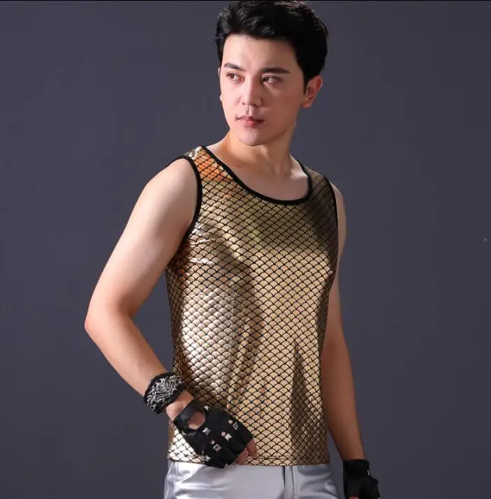 men vest gold silver clothing personality slim male sleeveless vests punk rock costumes hombre singer dance stage fashion | Мужская