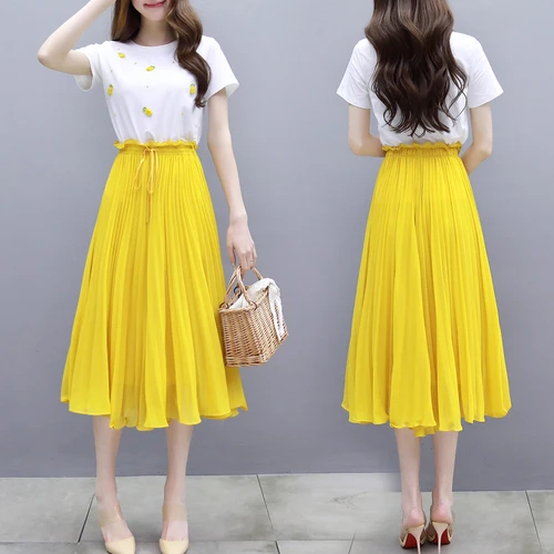 Женский шифоновый комплект из 2 предметов желтая юбка с широкими штанинами до