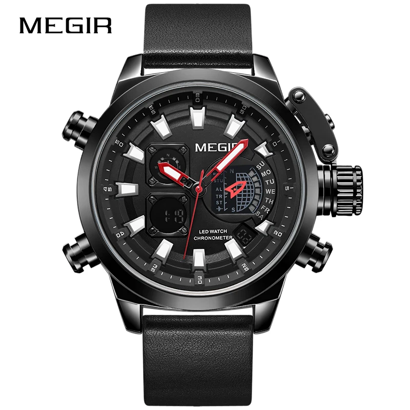 AllBlack MEGIR Мужские Спортивные кварцевые наручные часы с кожаным хронографом, водонепроницаемые армейские военные мужские часы, роскошные часы от ведущего бренда, мужские часы - Цвет: AllBlack