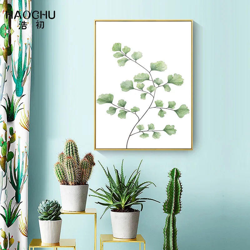 HAOCHU зеленые листья растений акварелью кухня спальня стены искусства украшения