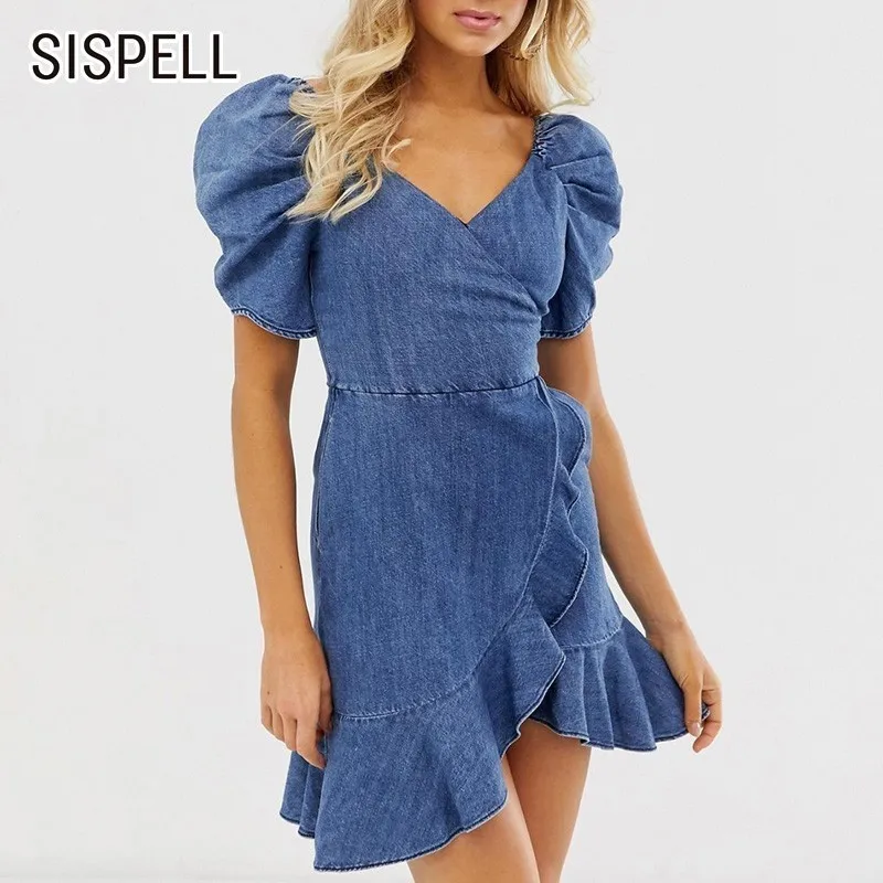 SISPELL 2019 летнее корейское джинсовое платье для женщин v образный вырез пышное без
