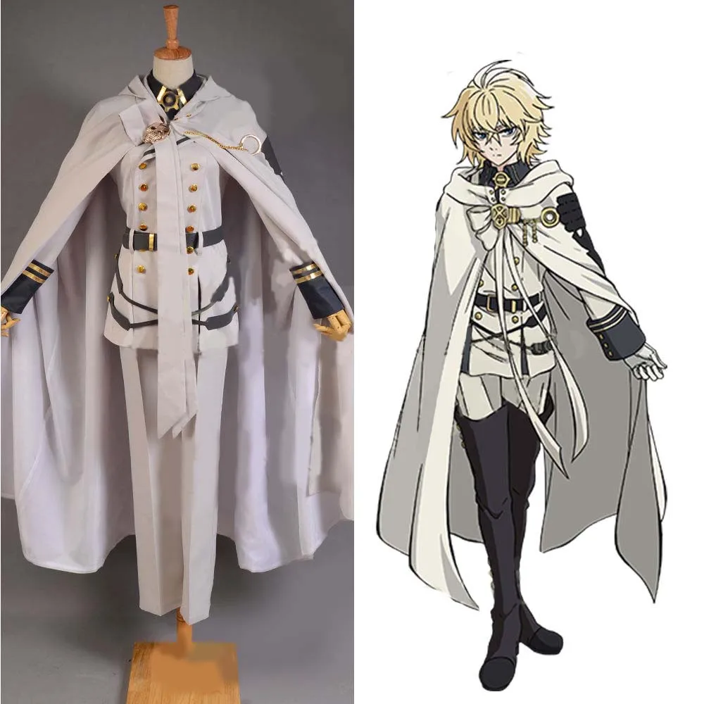 

Hot Seraph of the End Vampires Mikaela Hyakuya Cosplay Costume Adult White Uniform Outfit Cloak Full Sets Halloween Costume