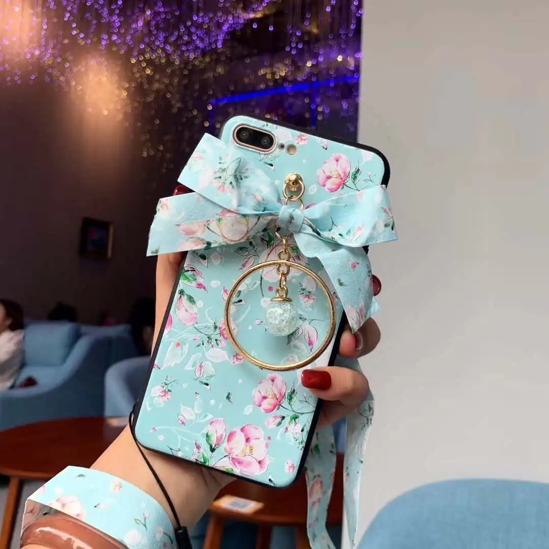 Для iPhone XS Max 3D цветок задняя крышка+ пленка для экрана из закаленного стекла для iPhone X XR 7 8 6s Plus чехол бант Подвеска+ ремни