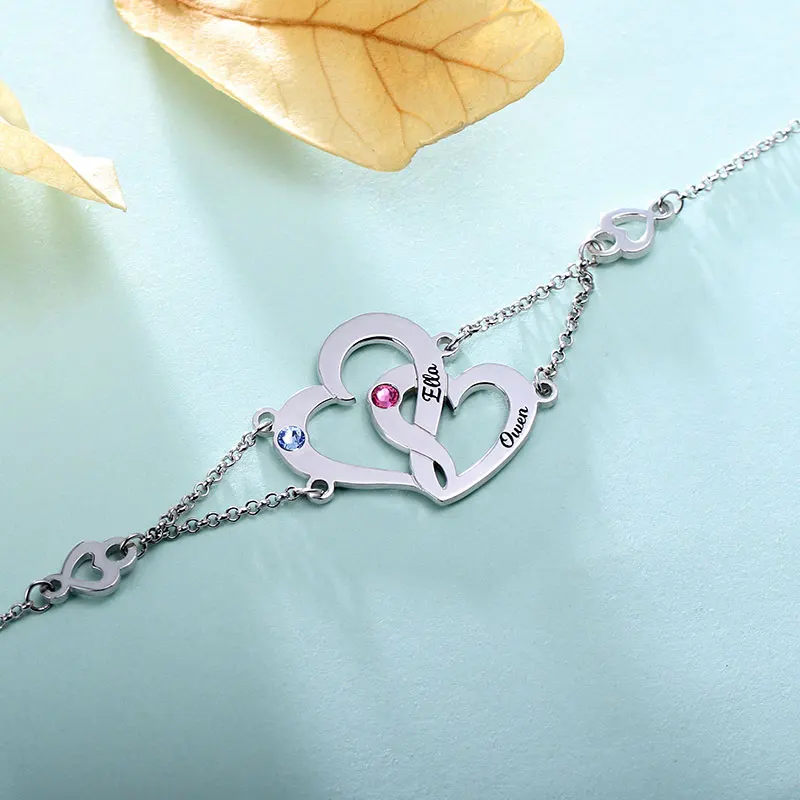 StrollGirl New Personalized 925 Silver Interlocking Two Heart Birthstones Bracelet Engraved Couple name Custom Valentine's Gift