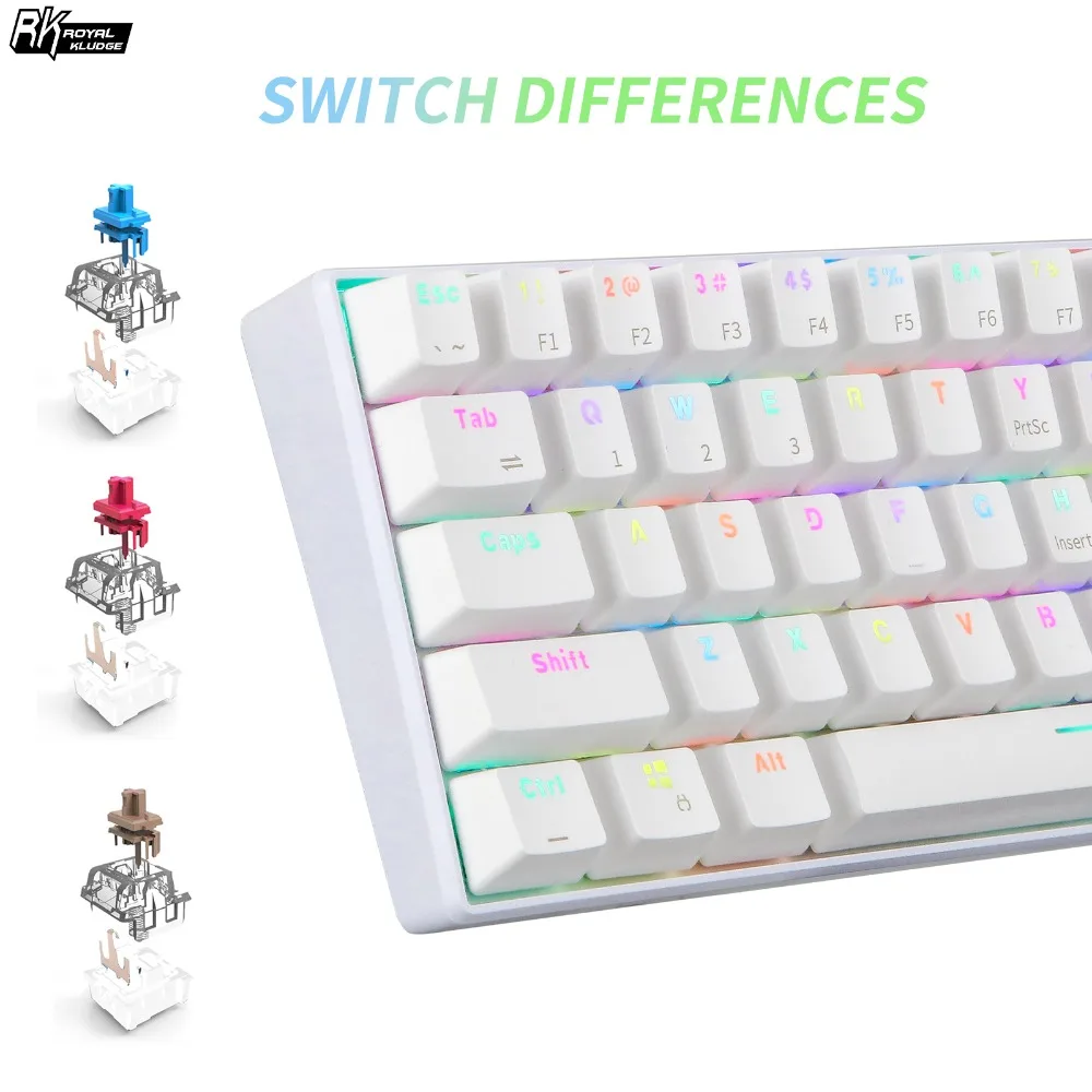 RK61 Беспроводной Bluetooth Механическая игровая Портативный 60% Клавиатуры 61 клавиш rgb-пульт одной светодиодной подсветкой Подсветка, темно-синий, коричневый, красный переключатель