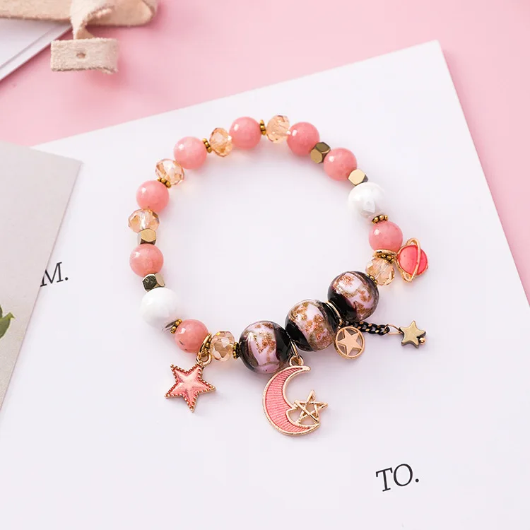 Модные ювелирные браслеты для женщин pulseira feminina Красочные эластичные бусины Звезда Луна подвеска Бохо браслеты и браслеты - Окраска металла: pink style