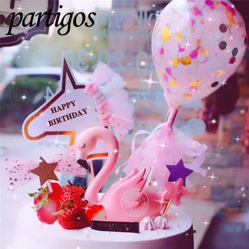 1pcs pink flamingo cake topper Happy Birthday Cake Decoration Flamingo Party Decor wedding deco BabyShower summer party supplies
