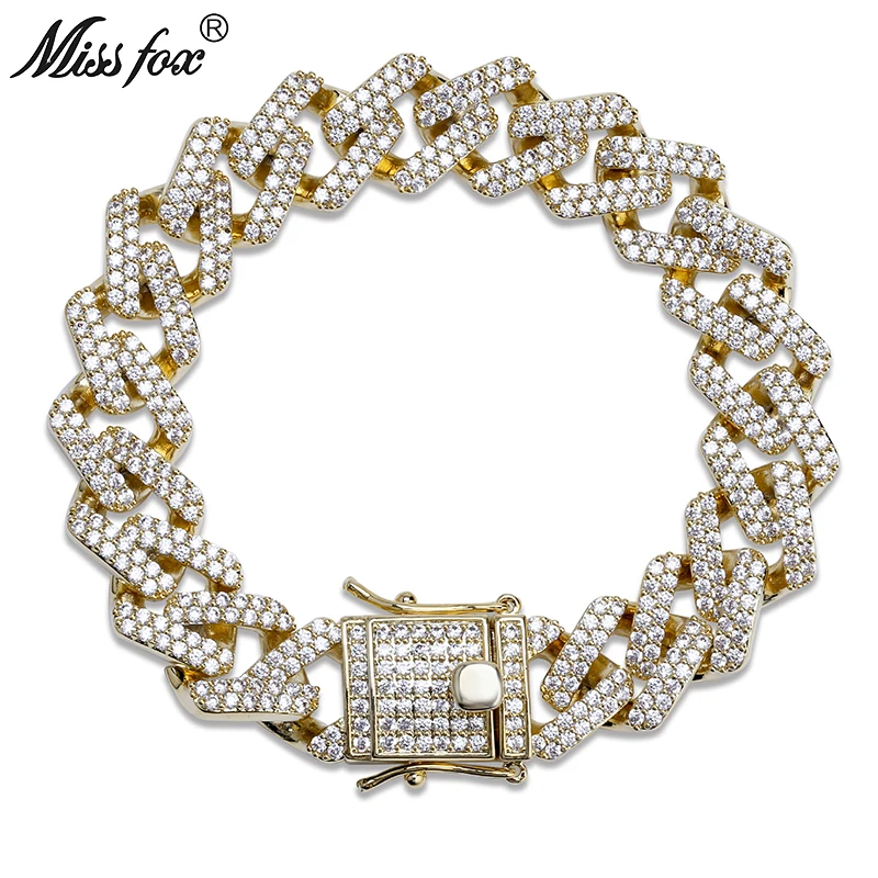 

MISSFOX Hip-Hop 14mm Strip Shape Cubic Zirconia Square Chain Men Bracelets Jewellry High Quality Thick 18k Gold Plated Bracelet