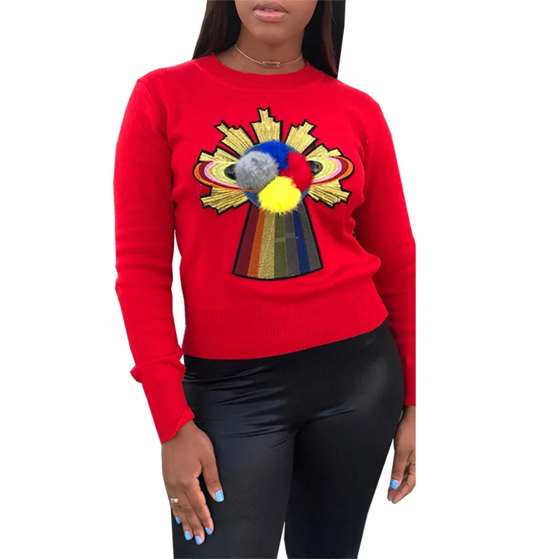 Женский трикотажный свитер с вышивкой длинным рукавом и круглым вырезом |