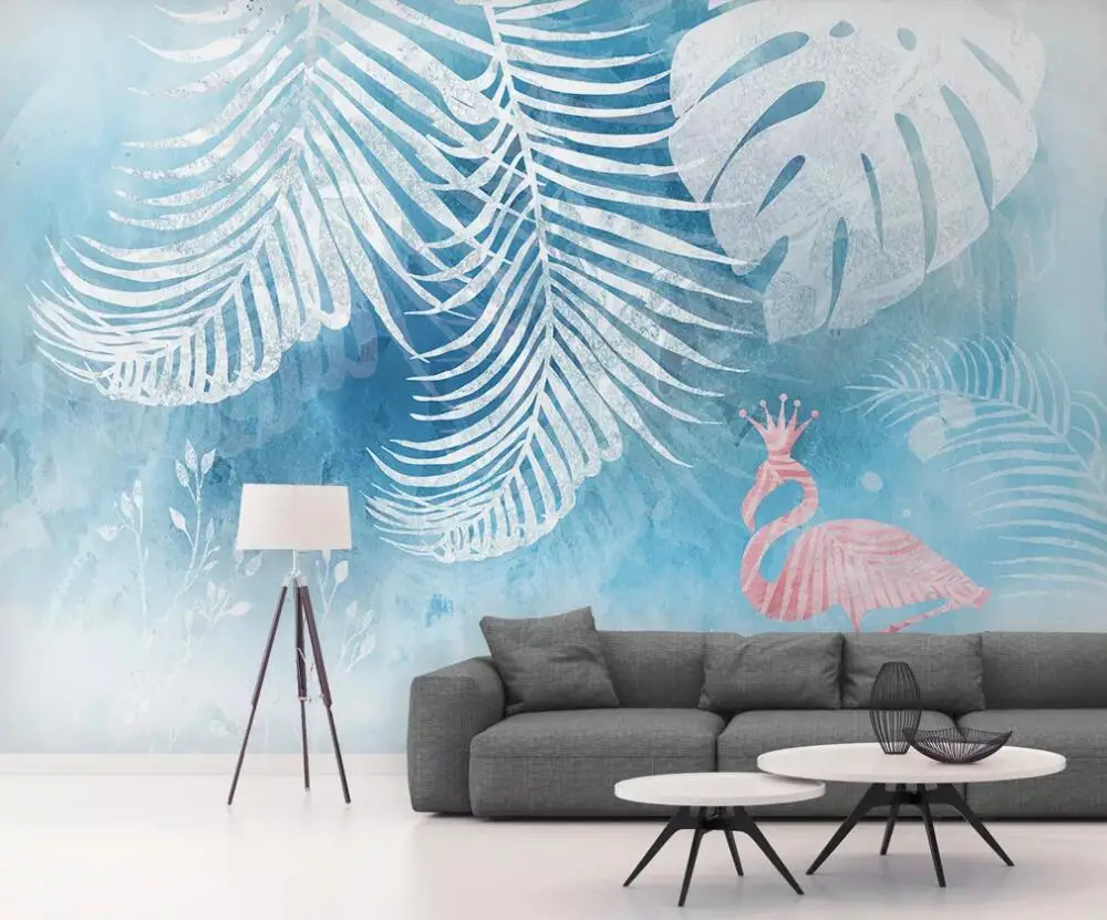 Nordic modern minimalist fantasy hand-painted tropical plant leaves flamingo background wall 3D mural wallpaper | Обустройство дома
