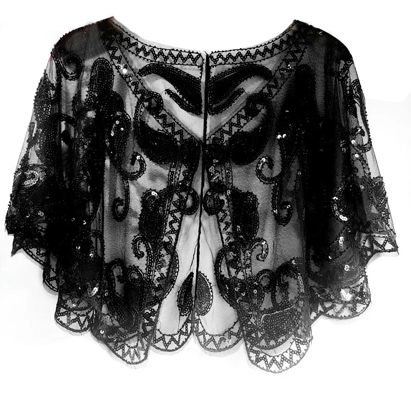 Pure Black Shawl Женские вечерние накидки с блестками накидка, расшитая бисером деко Пейсли 1920s Шаль Свадебная шаль, болеро Хлопушка накидка - Цвет: Pure Black Shawl