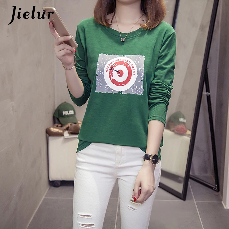 Jielur 2019 Новые Креативные женские футболки с принтом Осенняя Хлопковая женская