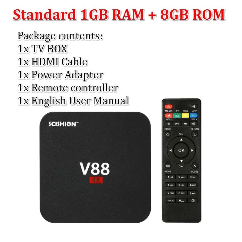 Only 1GB 8GB SCISHION V88 Android tv Box IP tv ОС Android 9,0 1 ГБ ОЗУ 8 Гб RK3229 четырехъядерный 1080P WiFi HDMI смарт ТВ приставка медиаплеер - Цвет: Only 1GB 8GB