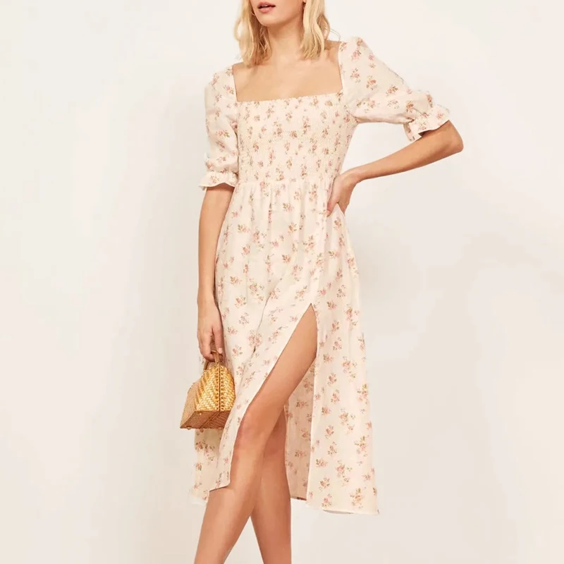 Женское кружевное платье на бретельках с оборкой спереди длинное цветочным