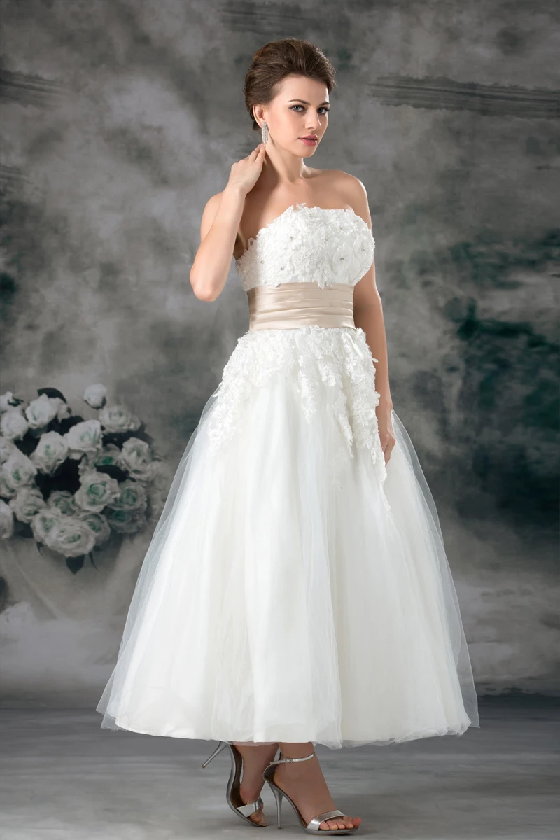 Beach Vestido De Noiva Wedding Dresses A-line Sweetheart Tea Length Tulle Appliques Beaded Gown Bridal | Свадьбы и торжества