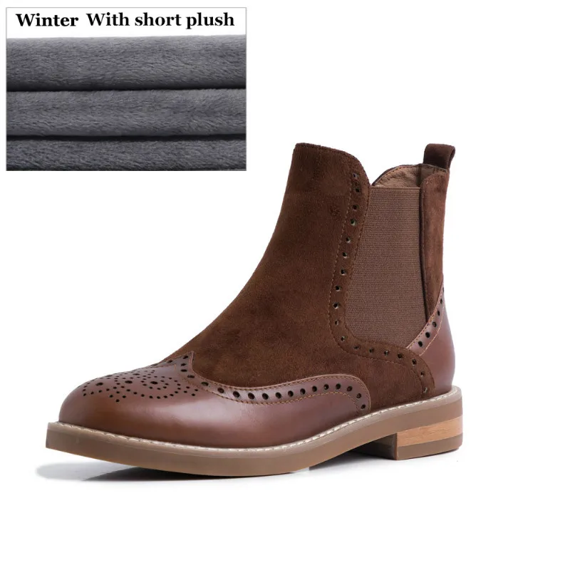 Brown Winter Винтажные Женские ботинки в английском стиле; роскошные женские ботильоны из натуральной кожи; замшевые ботинки с перфорацией типа «броги» на низком каблуке; зимние теплые ботинки - Цвет: Brown Winter