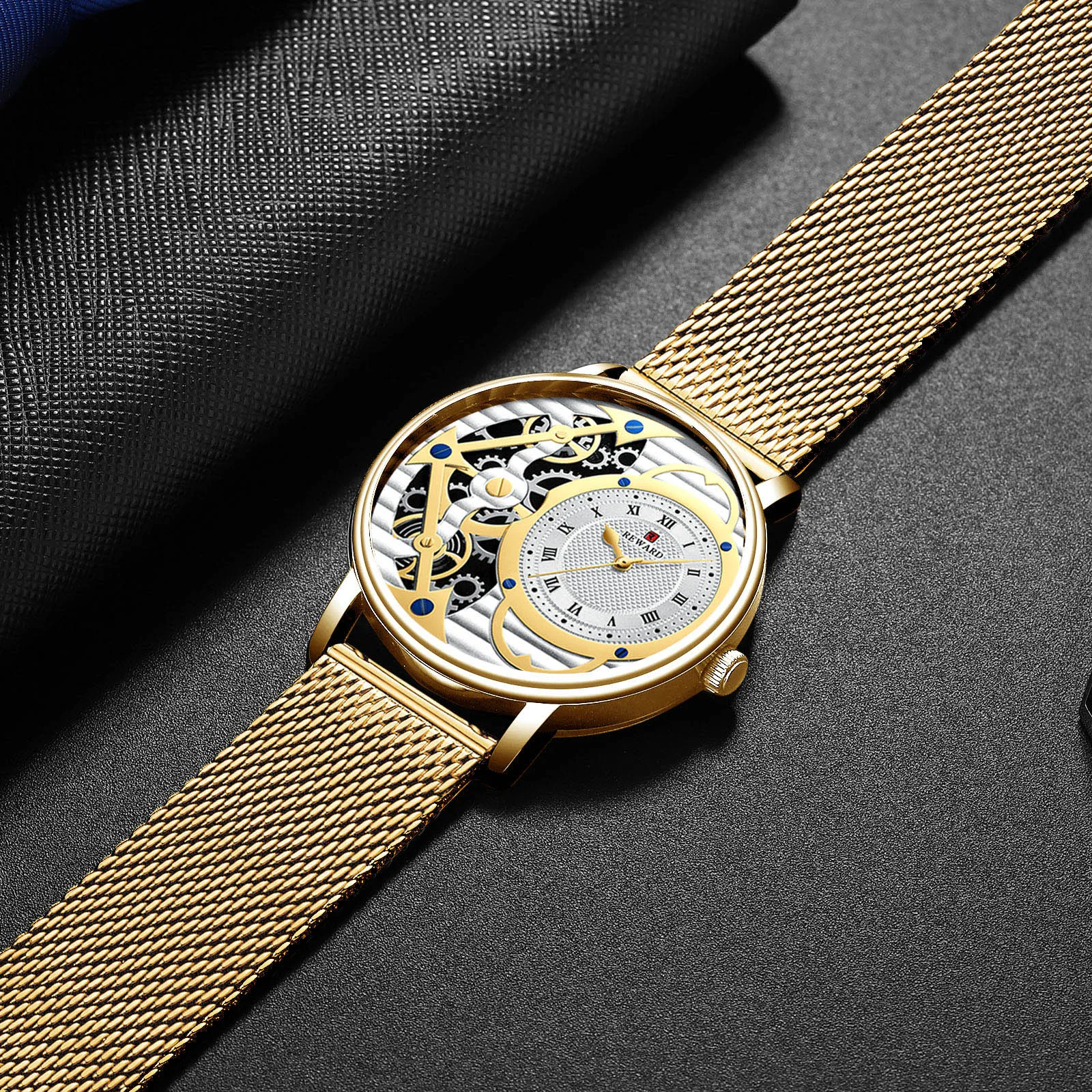 Награда золотые часы мужские роскошные брендовые кварцевые с сетчатым ремешком