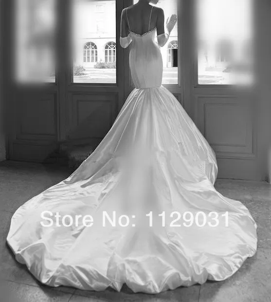 wholesale-New 2014 real sample custom sweetheart neckline with spaghetti straps duchess satin mermaid wedding dress cathedr | Свадьбы и