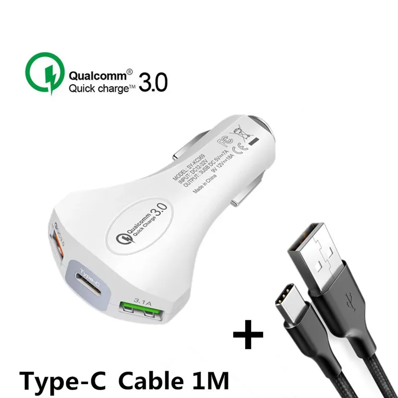 White Type C Cable Автомобильный USB Зарядное устройство Quick Charge 3,0 Мобильный телефон Зарядное устройство Тип с 2 портами(стандарт для быстрого автомобильного Зарядное устройство для Xiaomi iPhone samsung планшет автомобильный-Зарядное устройство - Тип штекера: White Type C Cable