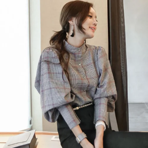 Блузка женская клетчатая с длинным рукавом и бантом на спине|women blouses|women blouse