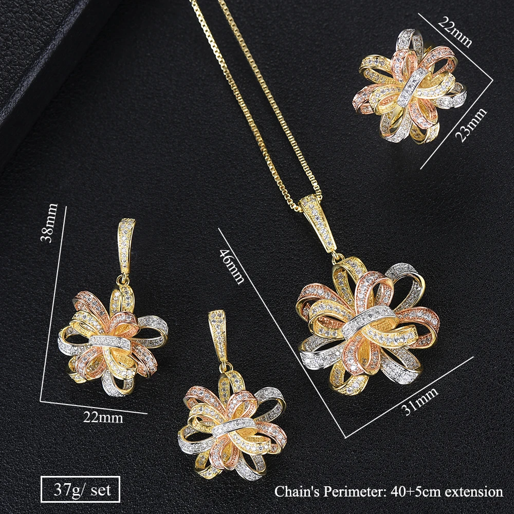 Godki Роскошный цветок Лариат комплект из сережек и ожерелья Циркон Кристалл CZ 3 шт.