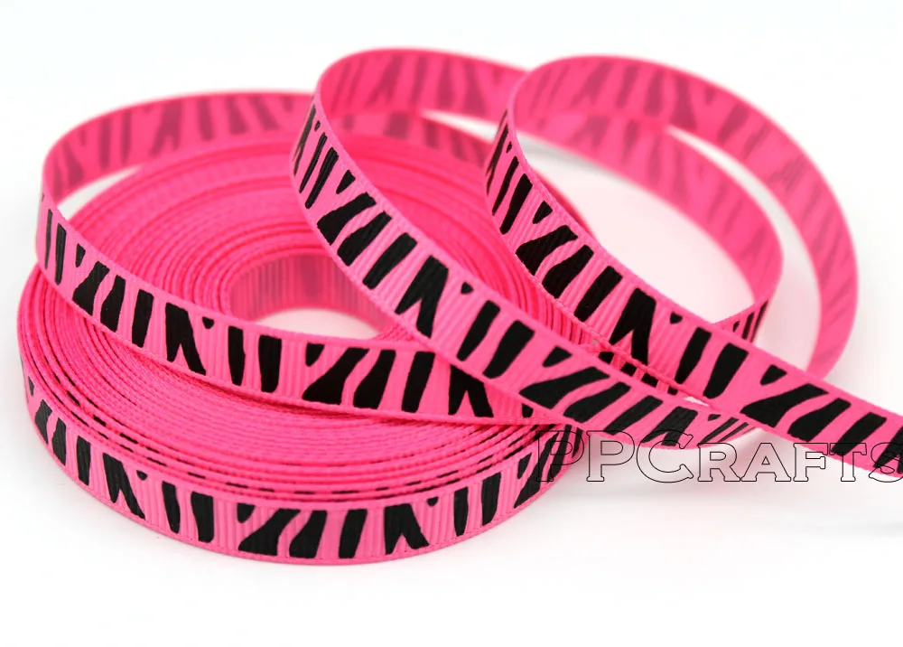 Корсажная лента 3/8 дюйма 10 мм ярко розового цвета с принтом черных зебр