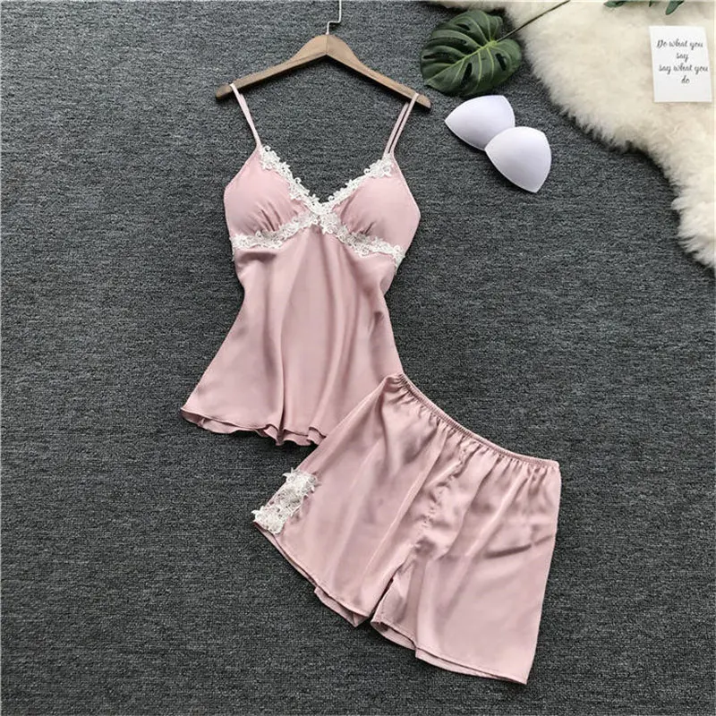 Женские пижамы наборы атласа и кружевная Вязаная безрукавка летняя одежда для