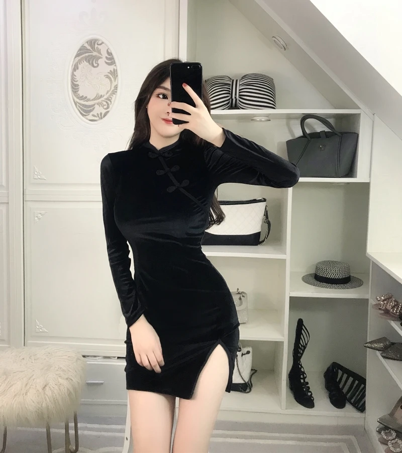 Женское винтажное бархатное платье Cheongsam черное облегающее с длинным рукавом в