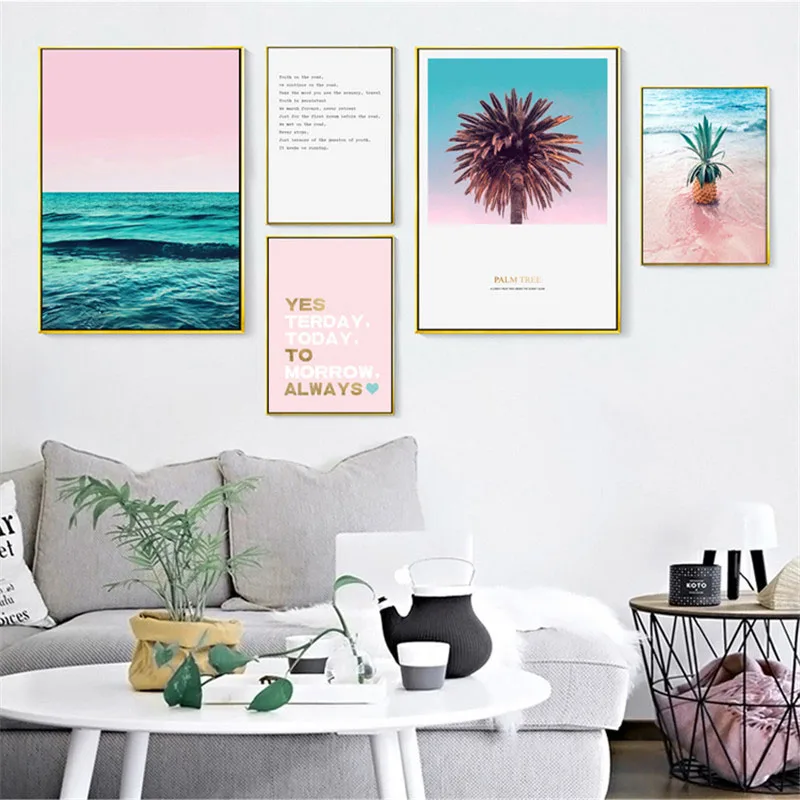 

HAOCHU New Hot Canvas Oil Painting Nordic Minimalist Pink Landscape Beach Coconut Fruit Pineapple English Letter Wall Home Decor