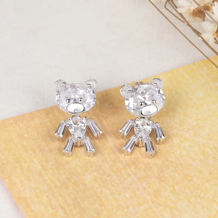 Девушка Стерлингового Серебра 925 Медведь Pattern White Crystal Серьги Ожерелье/Кулон